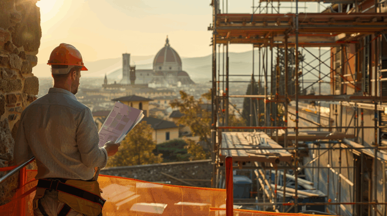 Cantiere ristrutturazione villa a Firenze con documenti SCIA e operai al lavoro su impalcature