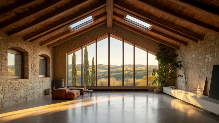 Sottotetto recuperato in Toscana con travi a vista e lucernari sulle colline